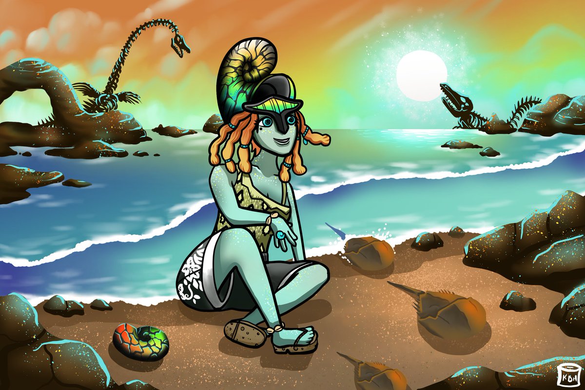 Hello friends! Thank you to those of you who came and said "HI" to me today during the completion of my first full drawing on my Twitch art stream. What a wonderful bunch of people you are! She turned out GORGEOUS!

See you soon! 🐙♥️
#digitalart #Twitch #beach #dinosaur