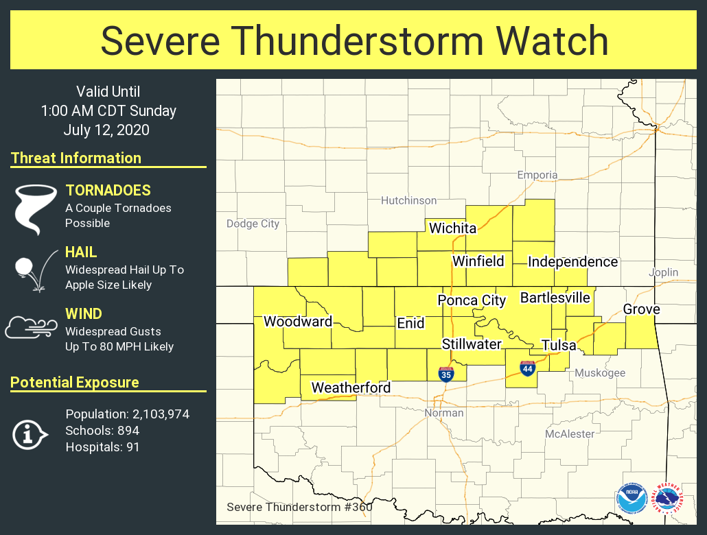 NWStulsa's tweet photo. A severe thunderstorm watch has been issued for parts of Kansas and Oklahoma until 1 AM CDT https://t.co/565VuBLoXK