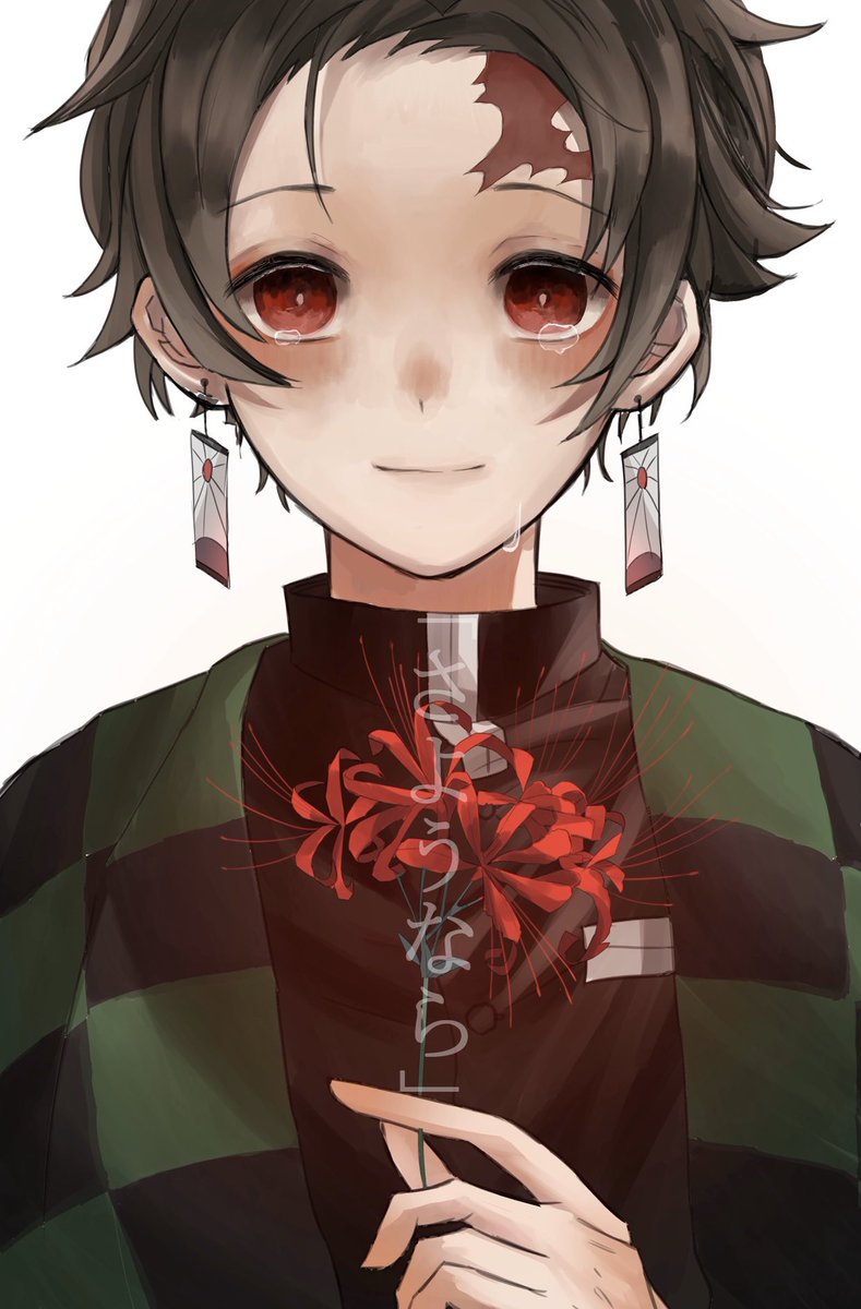 kamado tanjirou 1boy male focus red background earrings solo jewelry scar on forehead  illustration images