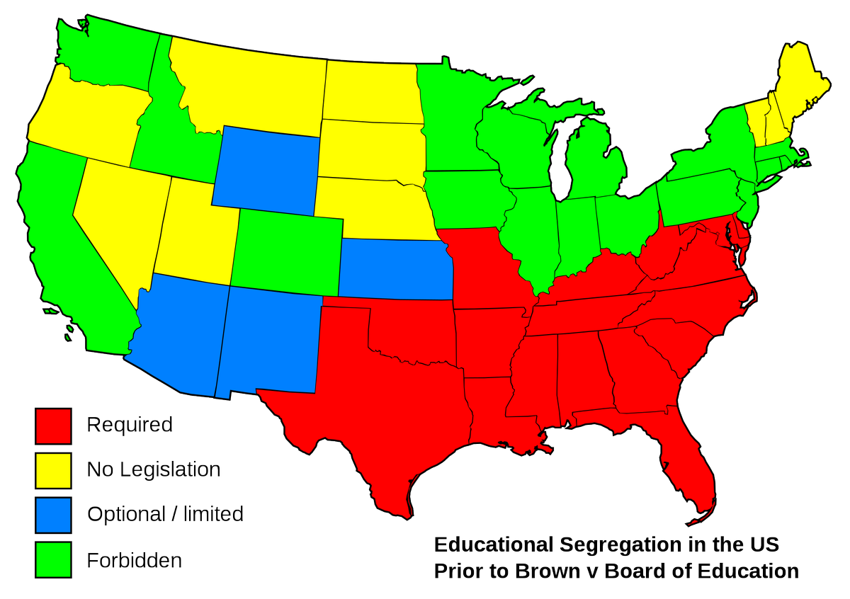 Now that there's some background info, let me show you how Small government helps white people steal from black people. Here's a map of the states with legislation that REQUIRED segregation before Brown v. Board of education. Notice they are all in the South.