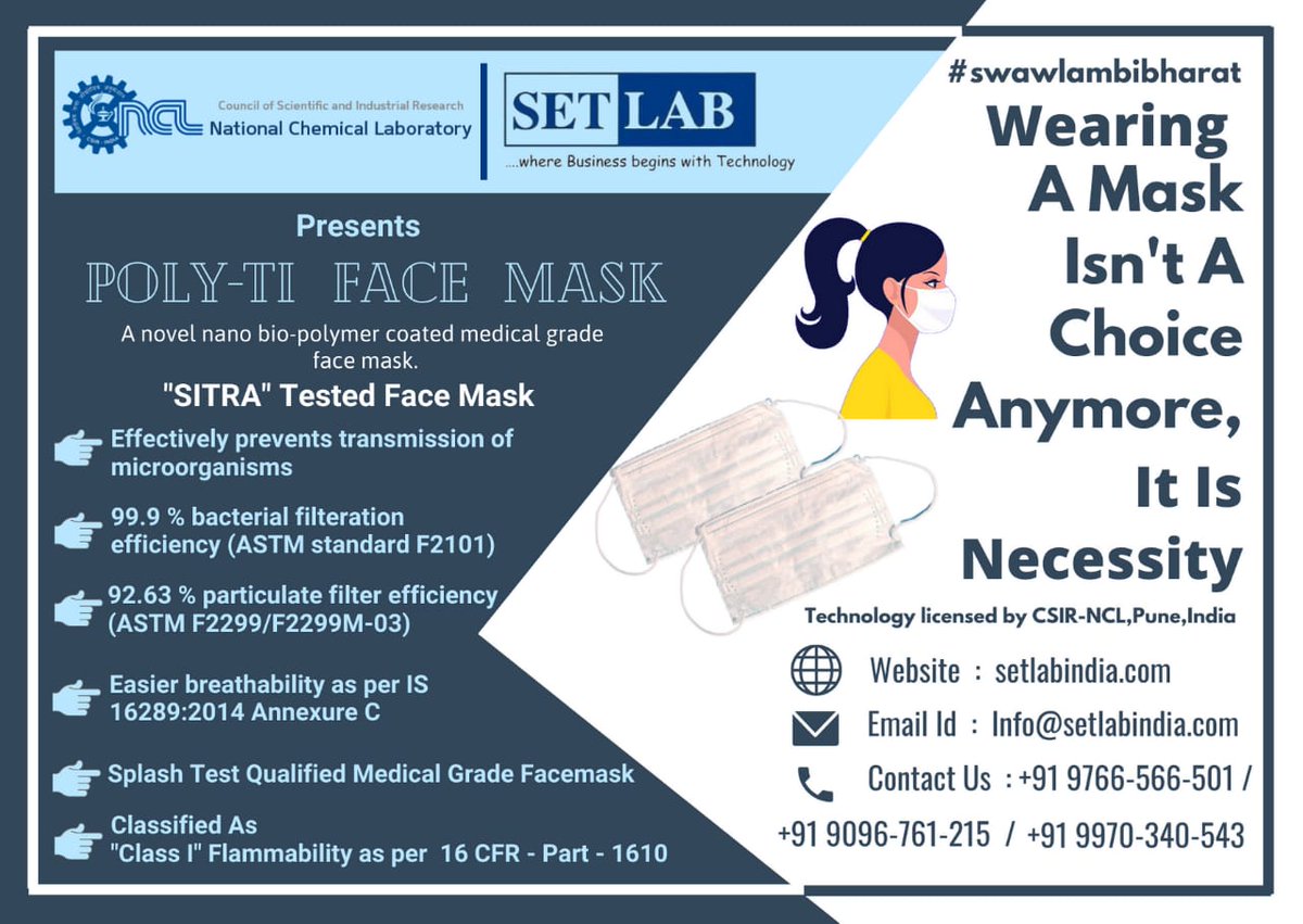 Proud to see our Poly-Ti face mask manufacturing is now on super fast track. Wear mask, else you will be masked by covid. It's important to wear mask to prevent yourself from airborne spread of virus. Now buy in medical shops in Pune @CSIR_IND