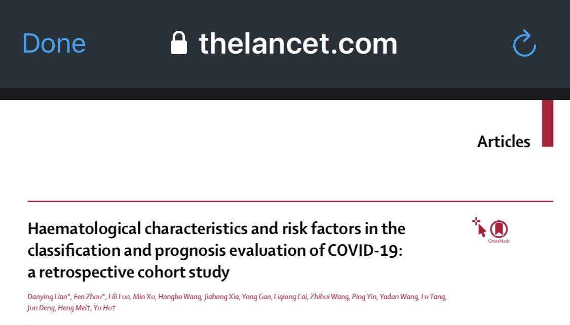 The Lancet recently published research on the incidence of DIC among those with  #COVID19:“Coagulopathy [blood clotting disorder] is a non-negligible com- plication and potentially important cause of death in patients with critical COVID-19.”7/x https://www.thelancet.com/action/showPdf?pii=S2352-3026%2820%2930217-9
