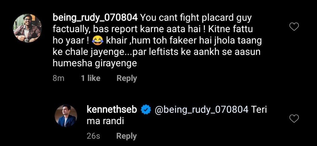 Kenny Sebastian was seen ranting many people on Instagram in a misogynistic way. Whenever these people fall short on the argument they start abusing people in the worst way possible and at that time no woke feminists raise voice against these hypocrites.(7/14)