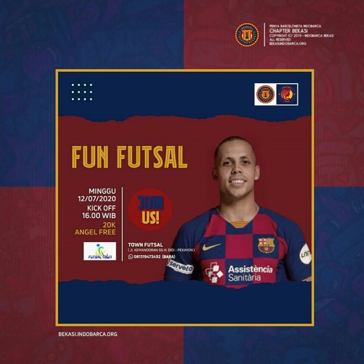 Sore ini #FUNFUTSAL :
.
• Minggu - 12 Juli 2020
• Town Futsal Pekayon
• Kick Off 16.00 WIB
• HTM : 20K (Angel Free)
• CP : 081319473492 (Bara) - 081317229105 (Admin)
.
Note :
• Budayakan ONTIME
• JERSEY Barca / Indobarca