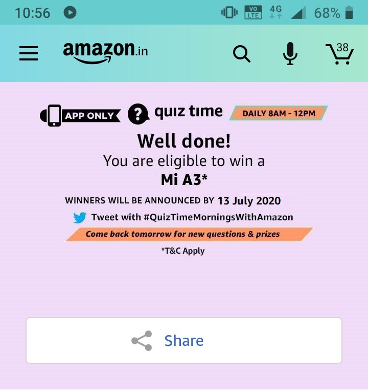 awanithakur01's tweet photo. #QuizTimeMorningsWithAmazon
 I played this interesting quiz on Amazon - Try your luck for a chance to win exciting rewards https://t.co/A3ChsKUnPt . Thankyou Amazon for giving such an opportunity to win rewards and to test our general knowledge. Hoping to be selected in winner🤞 https://t.co/P1ndy2qeEX