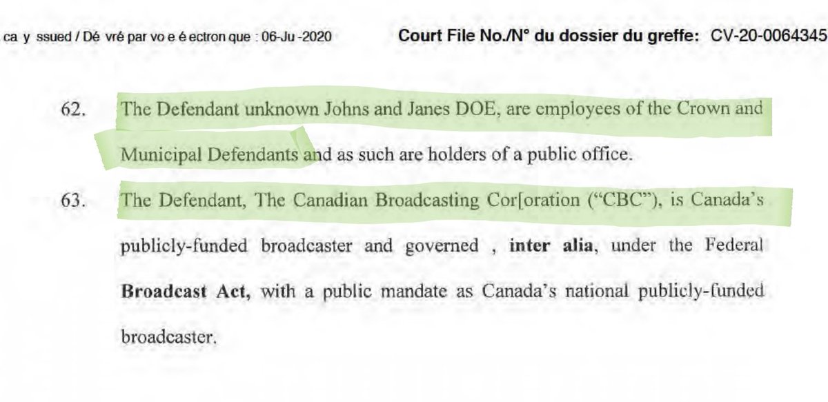 The defendants are range from federal to municipal politicians and ministers, the CBC, and others.