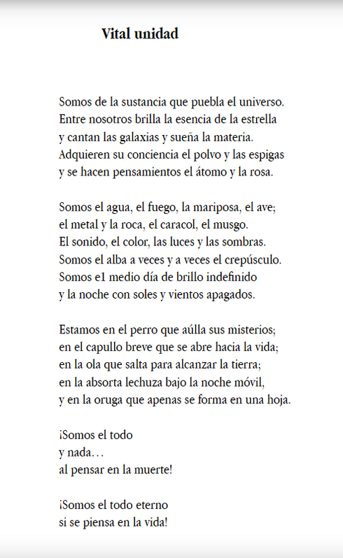Gabrielasjr's tweet photo. Amo este poema de César Rengifo.
Se llama «Vital unidad». 💓

«Somos de la sustancia que puebla el universo.
Entre nosotros brilla la esencia de la estrella...
Adquieren su conciencia el polvo y las espigas
y se hacen pensamiento el átomo y la rosa».

«¡Somos el todo y nada». https://t.co/6tYuqMbFSN