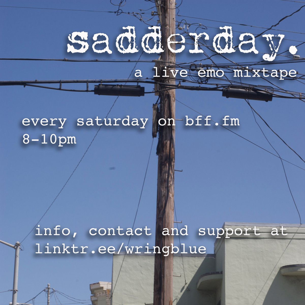 SadderdaySF's tweet photo. i have been bad about posting about the show but there have been new episodes regularly. i cried a lot recording this one since its based on a playlist i update periodically called "there is no fixing it." if you are a radio fan it will be on @BFFdotFM 8-10pm tonight like usual. https://t.co/oJ0Qj8X80i