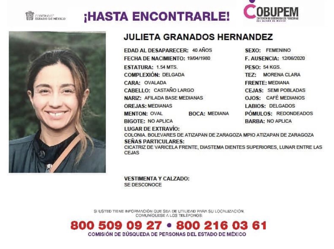 Imaginemos por un momento la pesadilla que sería que un familiar tuyo estuviera desaparecido...

Ahora imaginemos la inmensa alegría que sentirá la familia Granados cuando encuentren a Julieta. 

Esto solo es posible, si entre todos lo hacemos posible. 

🙏🏽 RT

#JulietaRegresa