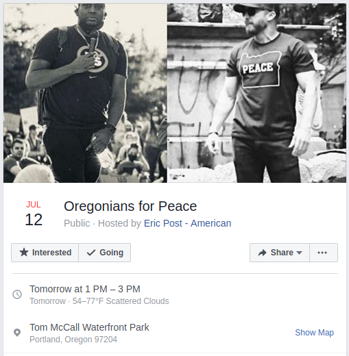 PSA: Tomorrow at 1pm in Tom McCall Waterfront Park, wealthy white Happy Valley real estate agent / right wing lifestyle vlogger Eric Post plans to host a sizeable event under the banner of "Oregonians For Peace".