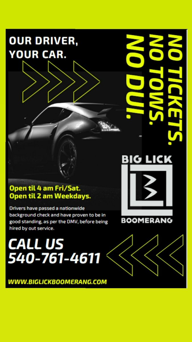 How are you getting home tonight?
Drivers are operating until 4 am. 
We get you and your car home.
Call us. 540-761-4611 
#roanoke #designateddriver #whatsyourplan #biglickboomerang #saturday #biglickboomerang 
biglickboomerang.com 
biglickboomerang.net