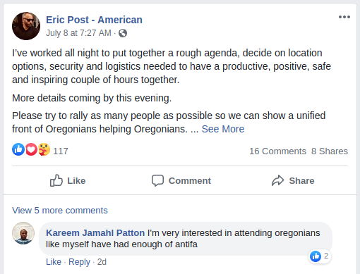 Kareem Patton, a violent bigot who has declared his allegiance to "Team Nazi" along with Patriot Prayer neo-Nazis Ian Kramer (aka Ragnar Redbeard) and Allen Pucket ( https://twitter.com/RoseCityAntifa/status/1280204115528671232), also intends to be there.