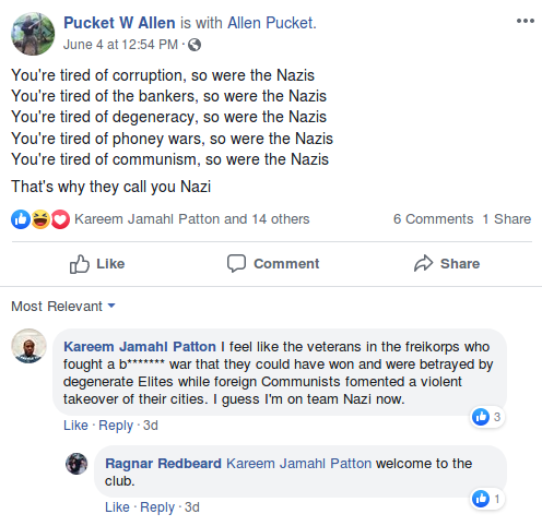 Kareem Patton, a violent bigot who has declared his allegiance to "Team Nazi" along with Patriot Prayer neo-Nazis Ian Kramer (aka Ragnar Redbeard) and Allen Pucket ( https://twitter.com/RoseCityAntifa/status/1280204115528671232), also intends to be there.