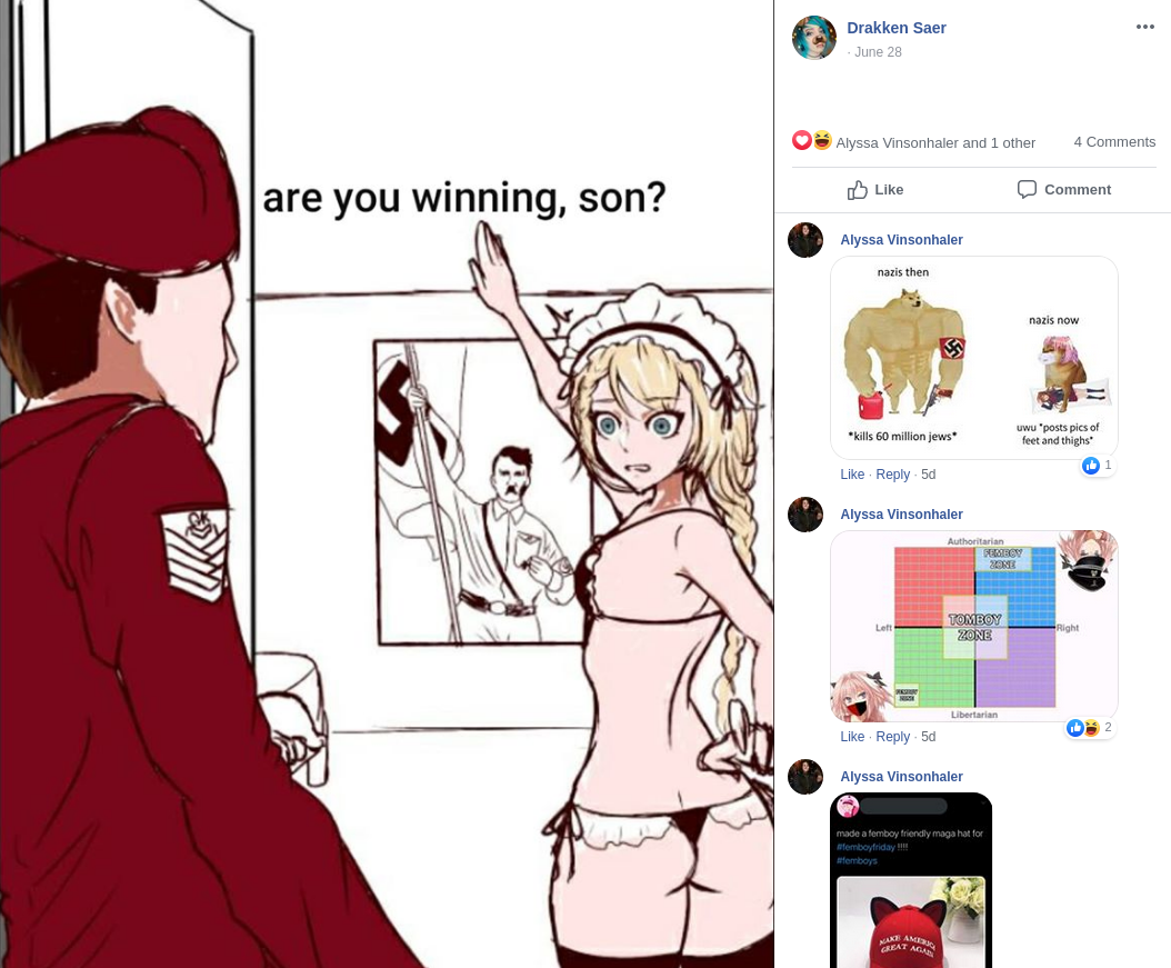 Racist Rhodesia-enthusiast Alyssa Vinsonhaler, who likes to post Nazi memes with her Patriot Prayer antisemite friend Lilith "Drakken" Saer also plans to attend Eric Post's "Oregonians For Peace" rally.  https://twitter.com/RoseCityAntifa/status/1146549958717263873