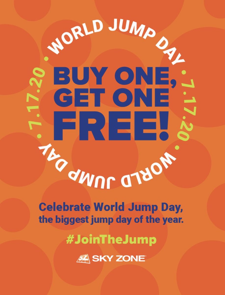 Celebrate World Jump Day at Sky Zone with Buy One, Get One FREE Jump Tickets!
Available on July 17th only!
Come jump with us!