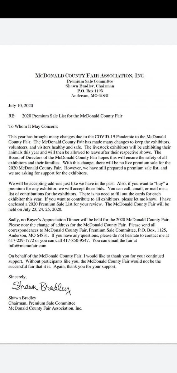 mcmofair's tweet photo. Attached is information regarding the 2020 McDonald County Fair Premium Sale. A list of premium sale exhibitors has also been included. https://t.co/1zoyx3CHAx