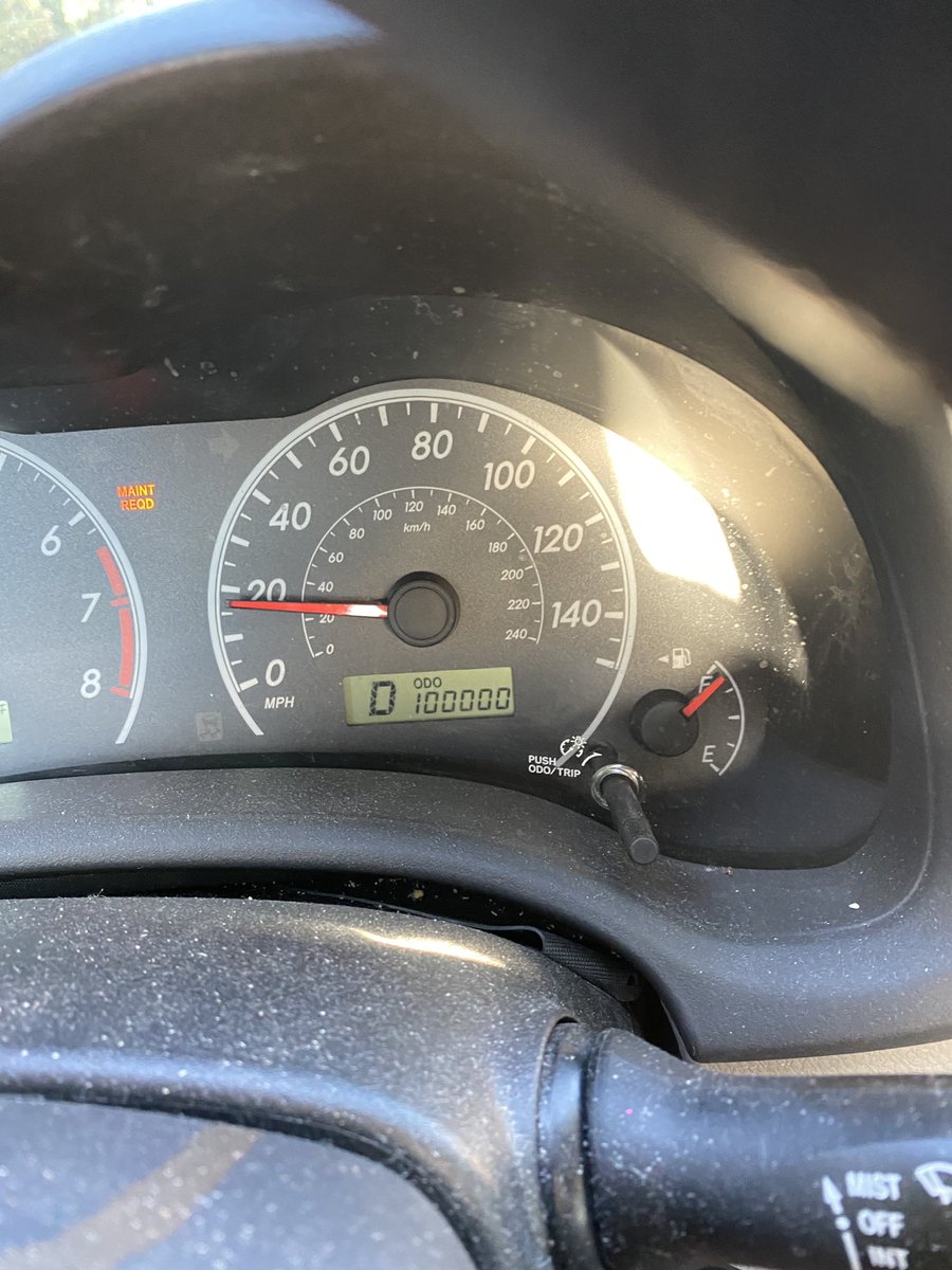 RyBen3's tweet photo. Also, big day today. My car hit 100,000 miles. I might have driven in a parking lot the last mile just so I could snap a pic. 😂😂 200K more until it dies right? Running it into the ground. #CorollaLife https://t.co/moIEawct1m