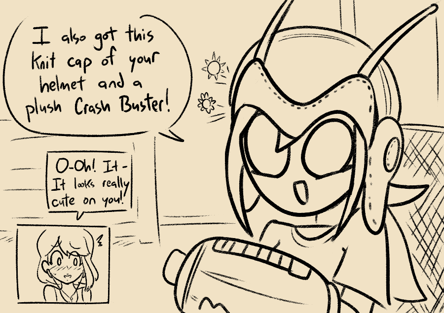 After a silly conversation about the Crash Buster having merchandise, here's a silly comic featuring @kazuniarts' Edi. 