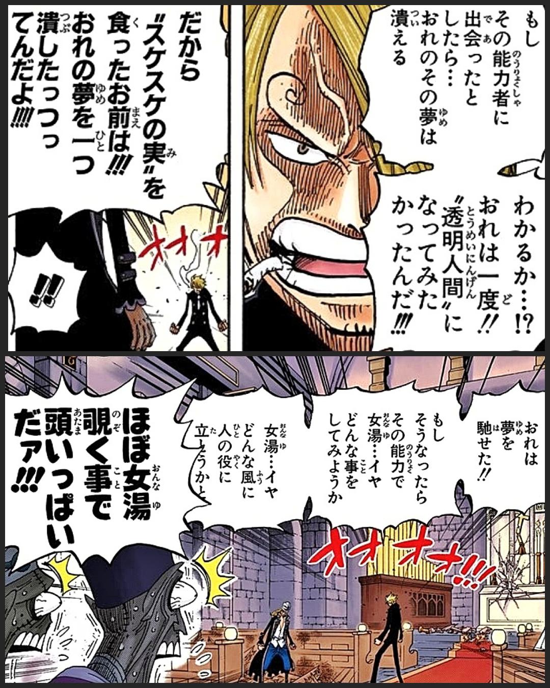 まな 幼少期からの夢 透明人間になって女湯を覗く という悲願が ジェルマの科学力によって昇華される皮肉 先祖代々の夢 ノースブルーを武力で支配する という悲願のために作った技術の結晶 レイドスーツが 女湯を覗く道具に使われる皮肉 サンジと