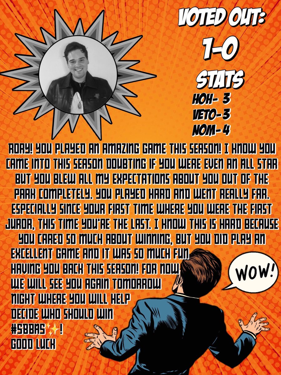ShaneBigBrother's tweet photo. Rory (@RoryTheVirgo) you have been evicted from #SBBAS✨. Please gather your belongings, say your goodbyes, and leave all chats.
You are and will always be an All Star. Now thank you so much for playing again! We will see you again tomorrow night! Take care https://t.co/W475YPkRtS