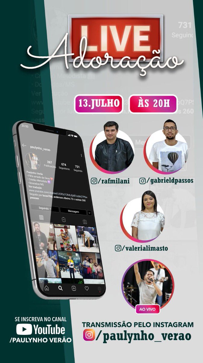 paulllovicctor's tweet photo. Galeraaaaa, SEGUNDA as 20h vamos fazer uma #LiveDeAdoração, participe com a gnt! Corre la no meu #Insta e segue o perfil e tb no canal do #YouTube 🙏🏻❤️🔥 Será uma noite muito show 👏🏻
Junto com meus amigos @Valimasto @rafaelmilanienf e #GabrielDuarte https://t.co/mdiUcNLPSB