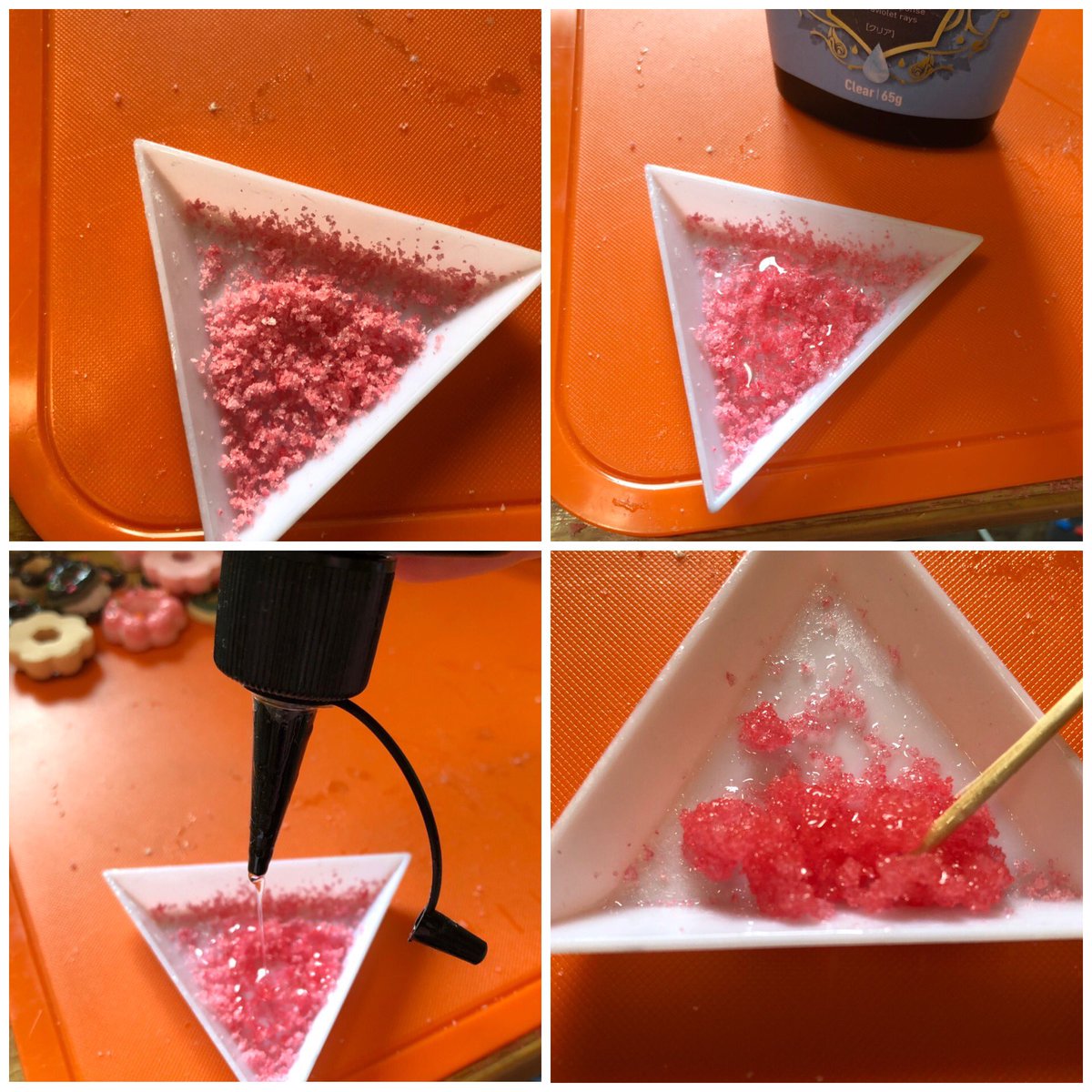 Momo 今度はカキ氷パーツの作り方 莉犬君カラーで 私はseedのイロプラが好き 薬味用の方で削ります 器はクリアブルー 器にレジン入れて少しずつ盛ってヒートン付けて固めます 指が担カラーになります ジェル ころん さとみ 莉犬 るぅと なな