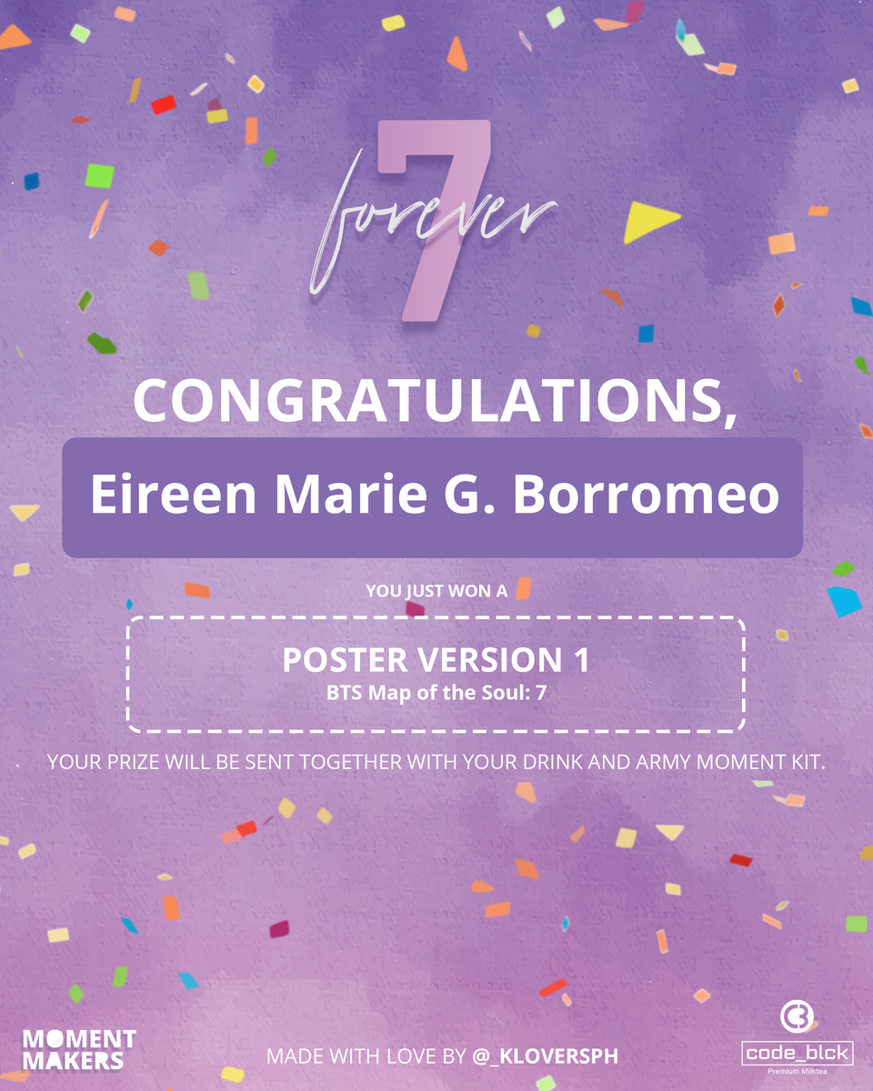 _kloversph's tweet photo. Congratulations @marengxx! You just won a raffle prize from the #Forever7 Cup Sleeve Event by @_kloversph. Your prize will be sent together with your drink and army moment kit. https://t.co/hyywDg5pVg