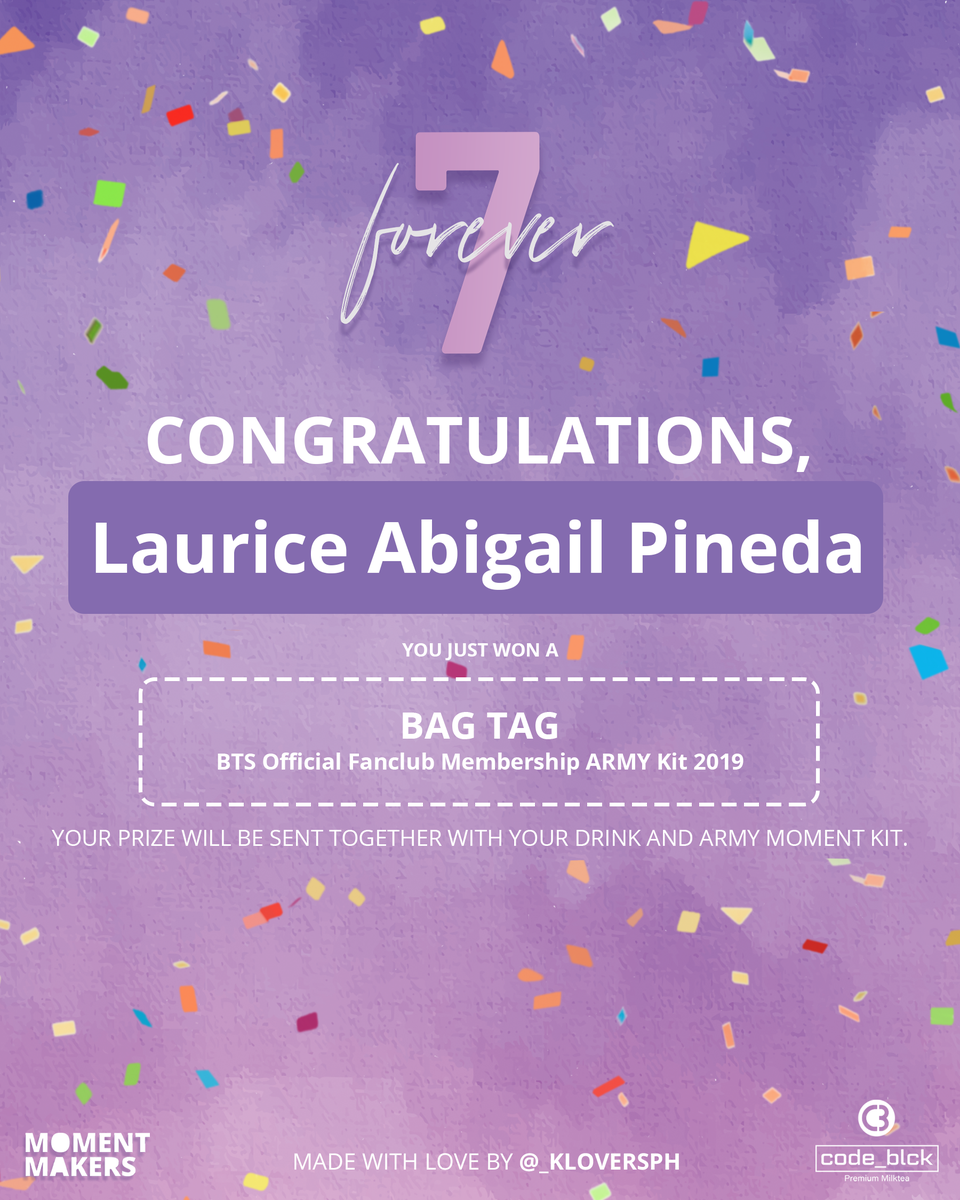 _kloversph's tweet photo. Congratulations @oohlalalaurice! You just won a raffle prize from the #Forever7 Cup Sleeve Event by @_kloversph. Your prize will be sent together with your drink and army moment kit. https://t.co/aCGtMTzbDb