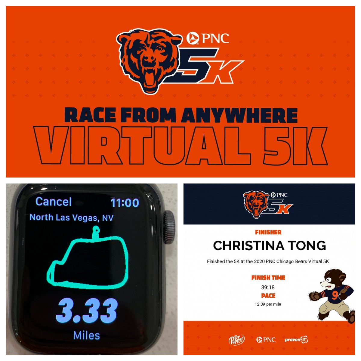 ChristinaWTong1's tweet photo. Ran the “2020 PNC Chicago Bears Virtual 5K,” Benefiting Bears Care, supporting local underserved communities &amp; COVID-19 Relief in My Hometown. It was a challenge pushing through the desert heat of 110º, in the end it was ME: 1 vs Vegas Weather: 0 #Bears5K @ChicagoBears  @PNCBank https://t.co/ELVWRLgtp6