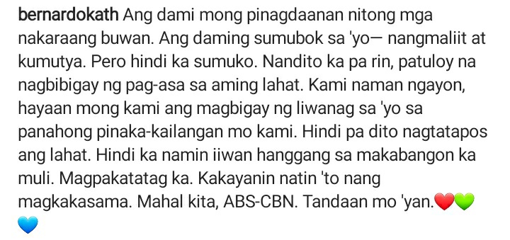 kowalerts's tweet photo. LOOK: Kathryn Bernardo may mensahe sa ABS-CBN 💔💚💙🙏

"Hindi pa dito nagtatapos ang lahat. Hindi ka namin iiwan hanggang sa makabangon ka muli. Magpakatatag ka. Kakayanin natin 'to nang magkakasama. Mahal kita, @ABSCBN. Tandaan mo 'yan.". ❤️💚💙

 #TuloyAngLabanKapamilya https://t.co/n2OrVIfOSX