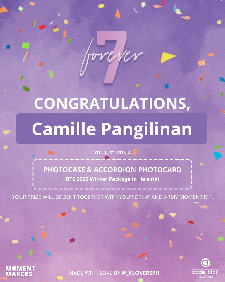 _kloversph's tweet photo. Congratulations Camille Pangilinan! You just won a raffle prize from the #Forever7 Cup Sleeve Event by @_kloversph. Your prize will be sent together with your drink and army moment kit. https://t.co/xiIsqi19t6