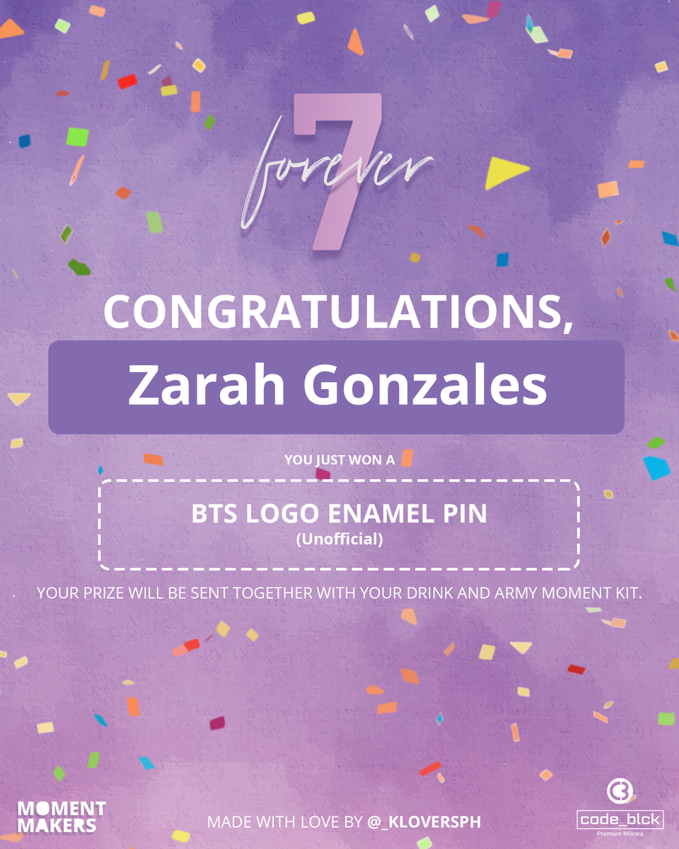 _kloversph's tweet photo. Congratulations Zarah Gonzales! You just won a raffle prize from the #Forever7 Cup Sleeve Event by @_kloversph. Your prize will be sent together with your drink and army moment kit. https://t.co/xQxeN7IlGI