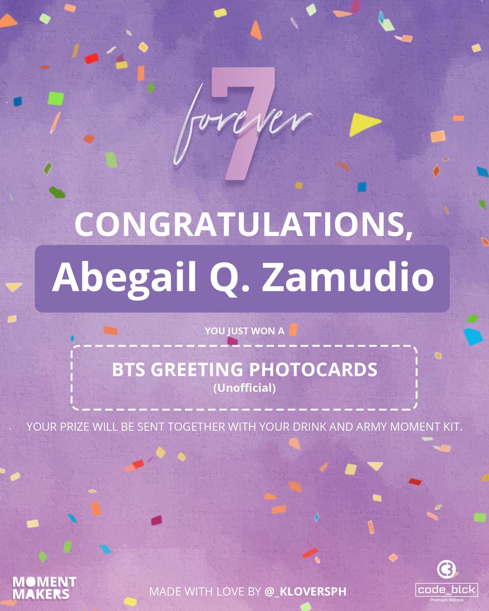 _kloversph's tweet photo. Congratulations @zamudioabegail! You just won a raffle prize from the #Forever7 Cup Sleeve Event by @_kloversph. Your prize will be sent together with your drink and army moment kit. https://t.co/Q9Sp5bZjX6