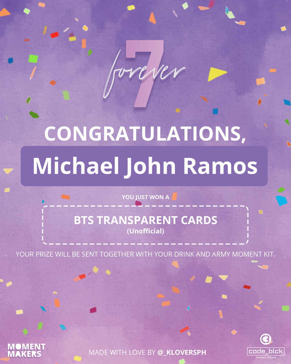 _kloversph's tweet photo. Congratulations @mjdramos_kel! You just won a raffle prize from the #Forever7 Cup Sleeve Event by @_kloversph. Your prize will be sent together with your drink and army moment kit. https://t.co/zxm6fwgk70