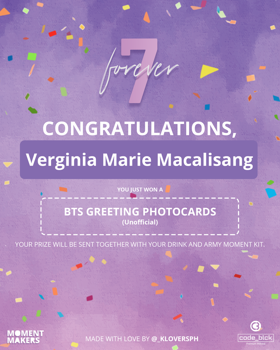_kloversph's tweet photo. Congratulations @youngbriar! You just won a raffle prize from the #Forever7 Cup Sleeve Event by @_kloversph. Your prize will be sent together with your drink and army moment kit. https://t.co/BcJGOodoGT