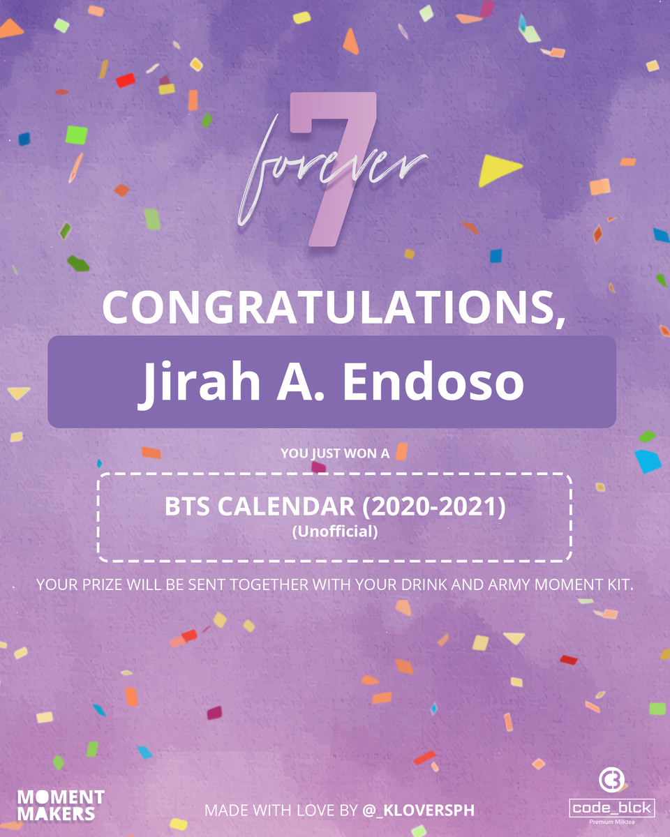_kloversph's tweet photo. Congratulations @bangtanjeejai! You just won a raffle prize from the #Forever7 Cup Sleeve Event by @_kloversph. Your prize will be sent together with your drink and army moment kit. https://t.co/Zs9J3Klprd