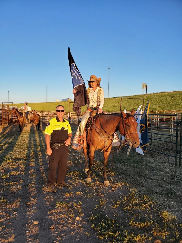 PennCoSheriff's tweet photo. Reserve Deputy Fitch with Ms. Rodeo America
& Deputy Christopherson help at the Wall Celebration rodeo. #WallSD #walldrug https://t.co/hueyiJCG9i
