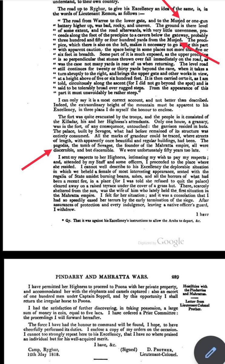 The start of the "Masjid on Raigad" rumour. Chhatrapati Shivaji never built any Mosque on Raigad. This 1818 document is earliest instance of Jagdishwar temple mistaken for Mosque. Same doc shows Samadhi of Maharaj was known even in 1818.