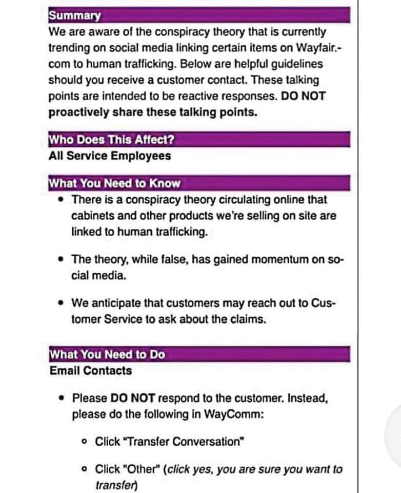 Internal Wayfair memo.Wayfair response to human trafficking accusations and how to handle them if asked. (may be deleted)