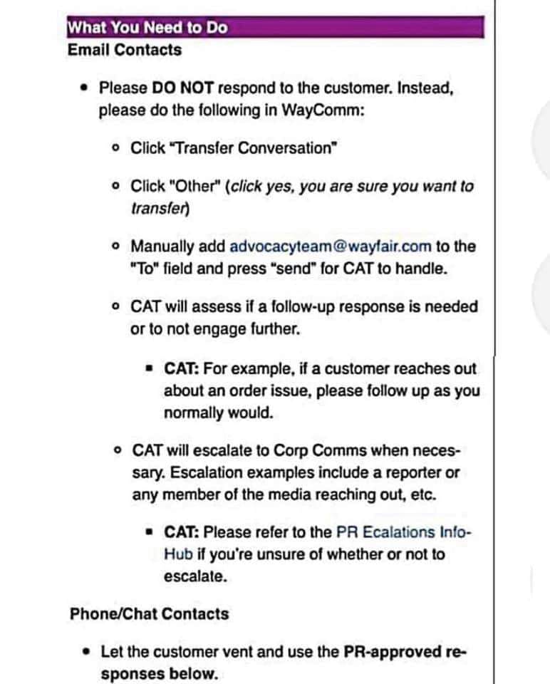 Internal Wayfair memo.Wayfair response to human trafficking accusations and how to handle them if asked. (may be deleted)