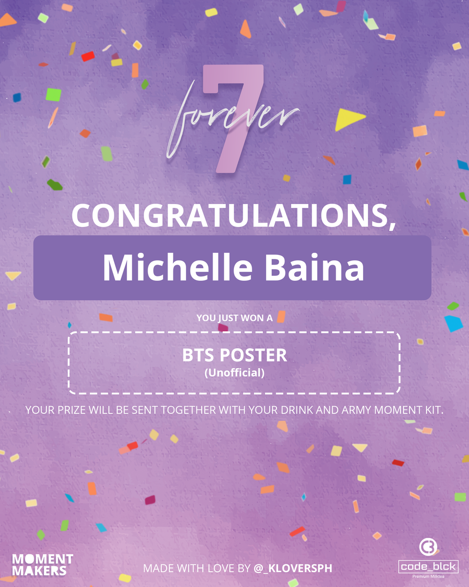 _kloversph's tweet photo. Congratulations @cutiemich17! You just won a raffle prize from the #Forever7 Cup Sleeve Event by @_kloversph. Your prize will be sent together with your drink and army moment kit. https://t.co/MGgs1He0Ed