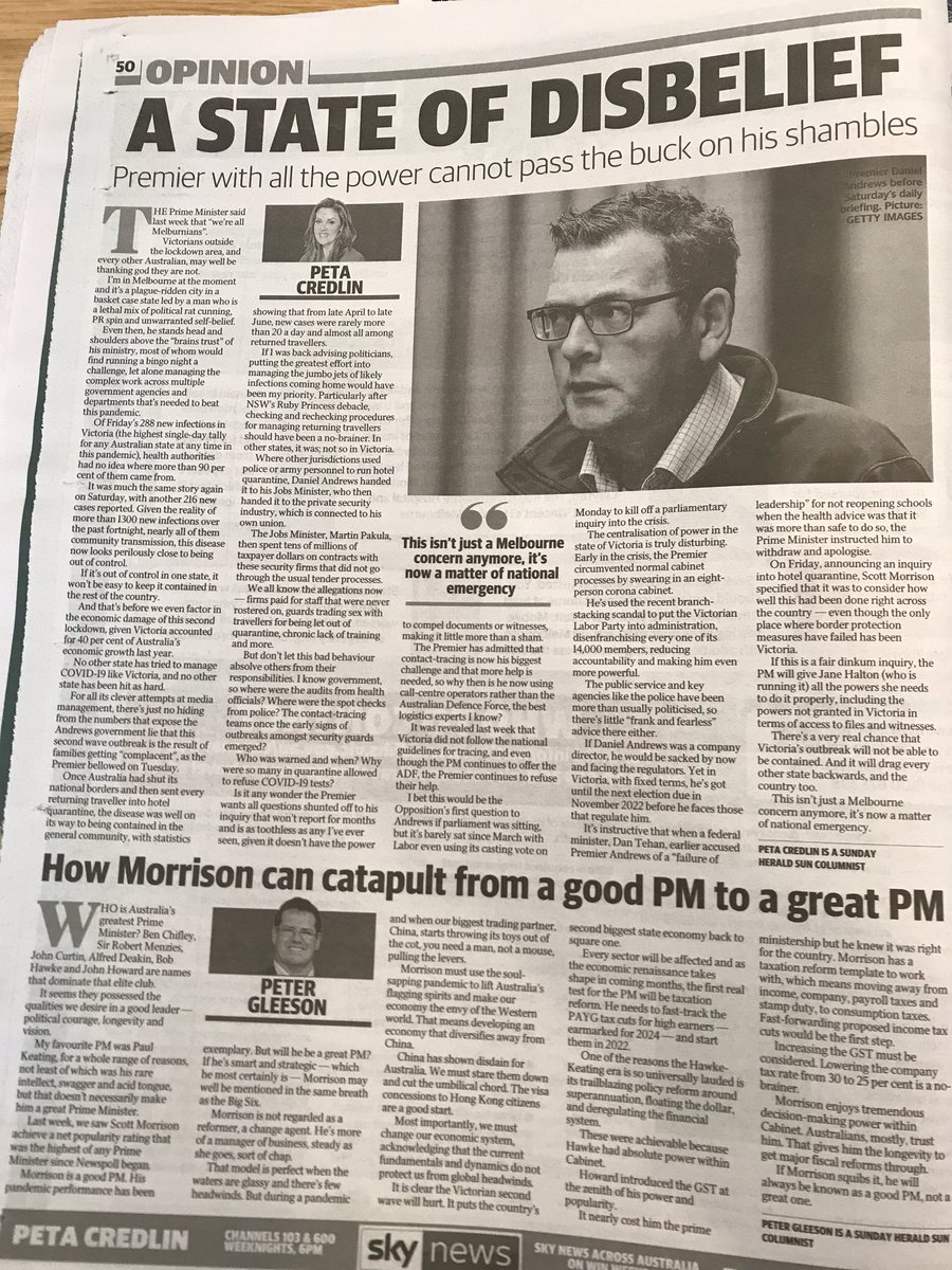 So here's front page of today's Herald-Sun. "The HS calls on all Victorians to unite". And in the same edition, yet another hit job on Andrews from, of all people, adviser to the worst PM in history. Seriously, you arseholes are completely shameless. Fuck off. #themurdochvirus