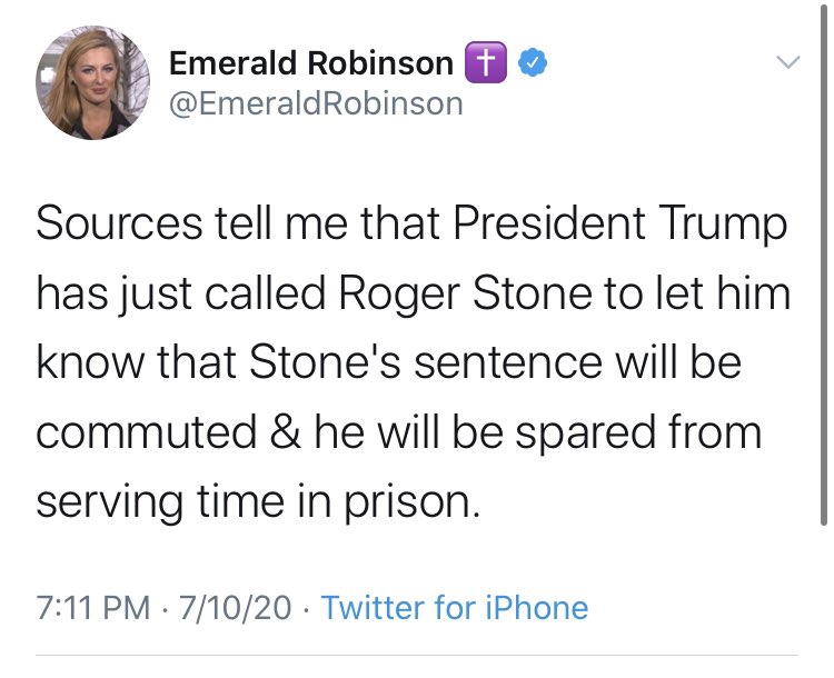 So...  @EmeraldRobinson tweeted Fri at 7:12 pm that Trump spoke with Roger Stone. Instead of crediting Emerald as I saw some WH reproters did, CNN’s Kaitlan Collins tweets at 7:49 that she is told that Trump/Stone have spoken. An attempt to act as if she had another sourced story.