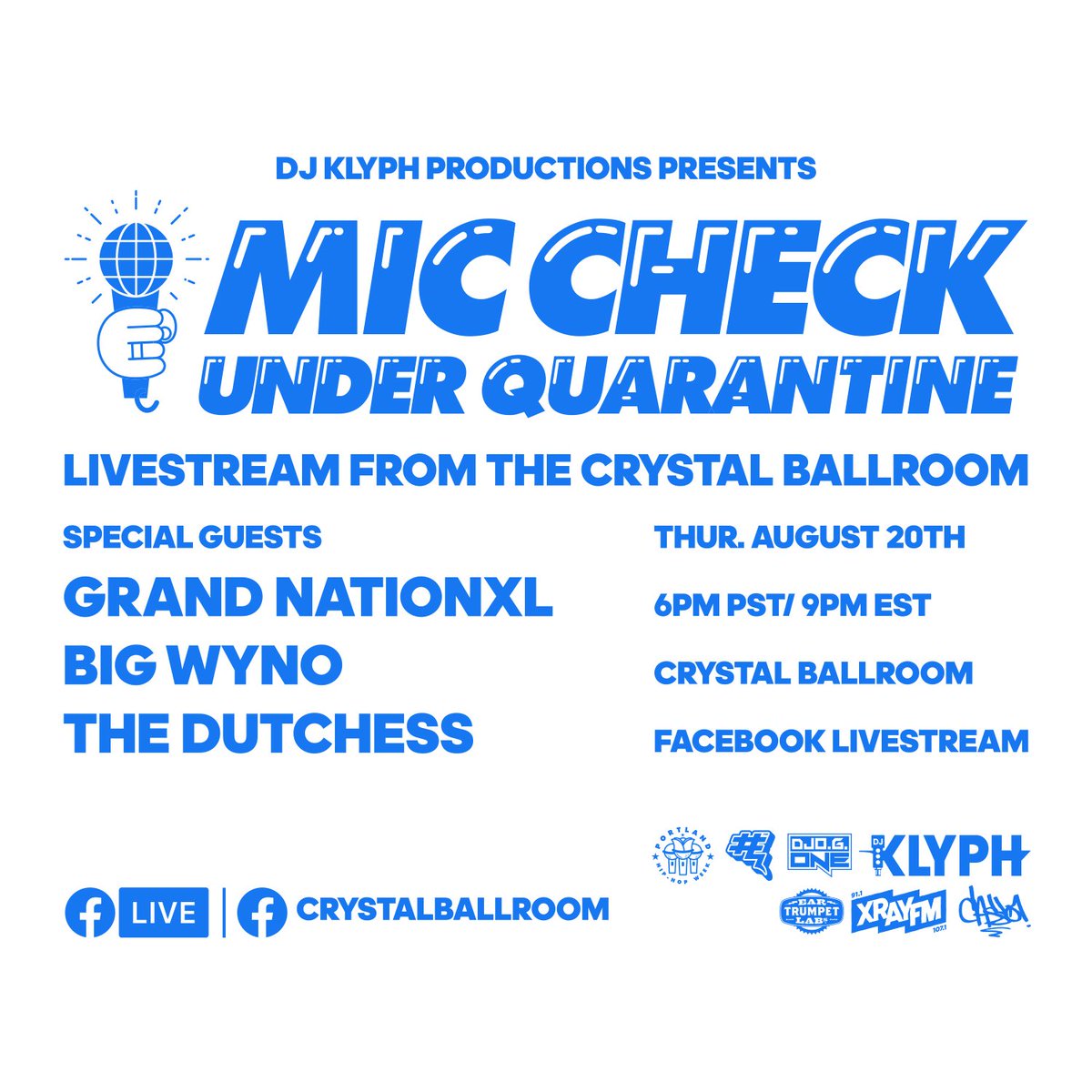MicCheck_PDX's tweet photo. 1nce again partnering with @CrystalPortland for Mic Check Under Quarantine this time during #PDXHipHopWeek with a special performance by @GrandNationxl and guests @bigwyno and @_iamtheDutchess Music by @djogone #salute @EarTrumpetLabs @xrayfm @ThenumberzFm @cassodinero https://t.co/Fo6U6FYVMp