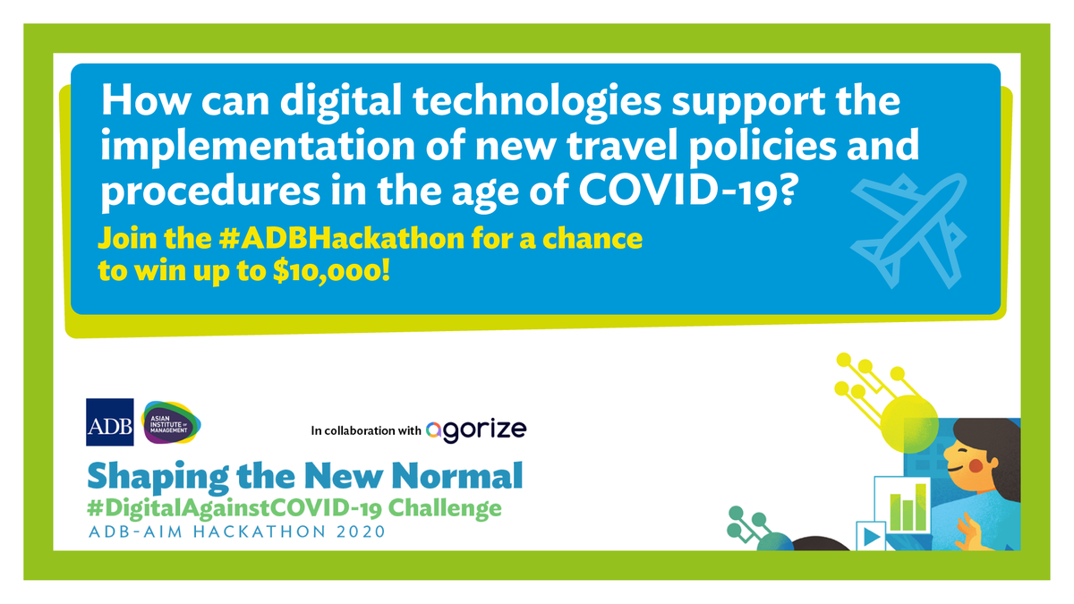 ADB_HQ's tweet image. Join the 2020 ADB-AIM Hackathon's “Restoring Public Confidence on Safe Travels” challenge to turn your ideas into reality and win prizes of up to $10,000. Submit by 24 July. 

Join ➡️ challenges.adb.org/en/challenges/… 

#ADBHackathon #DigitalAgainstCOVID19
