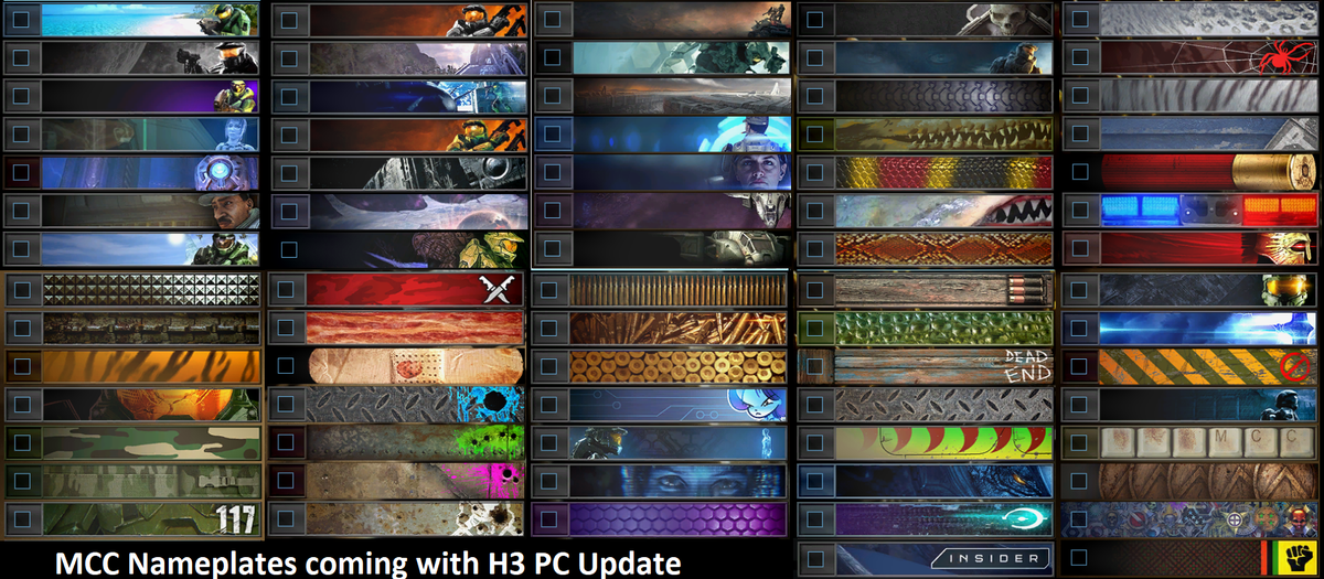Ryan_WXH's tweet photo. Threw together a complete picture of all the new nameplates coming with the Halo 3 PC Update for MCC on July 14th.

Some hot looking ones in there. https://t.co/f5LBMZWpis