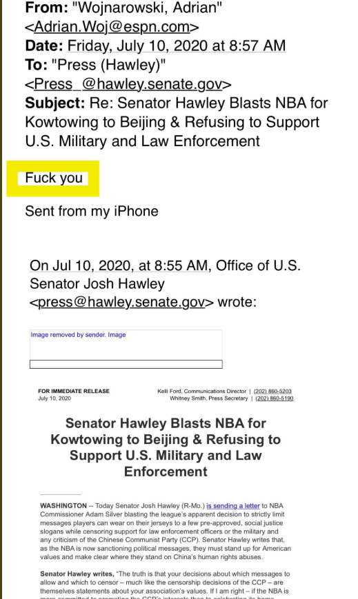 Of course--that's exactly what Josh Hawley did. See below the email he posted from  @wojespn. Note that it was written to press@hawley.senate.gov. That's an official Senate e-mail account.  #freeWoj4/