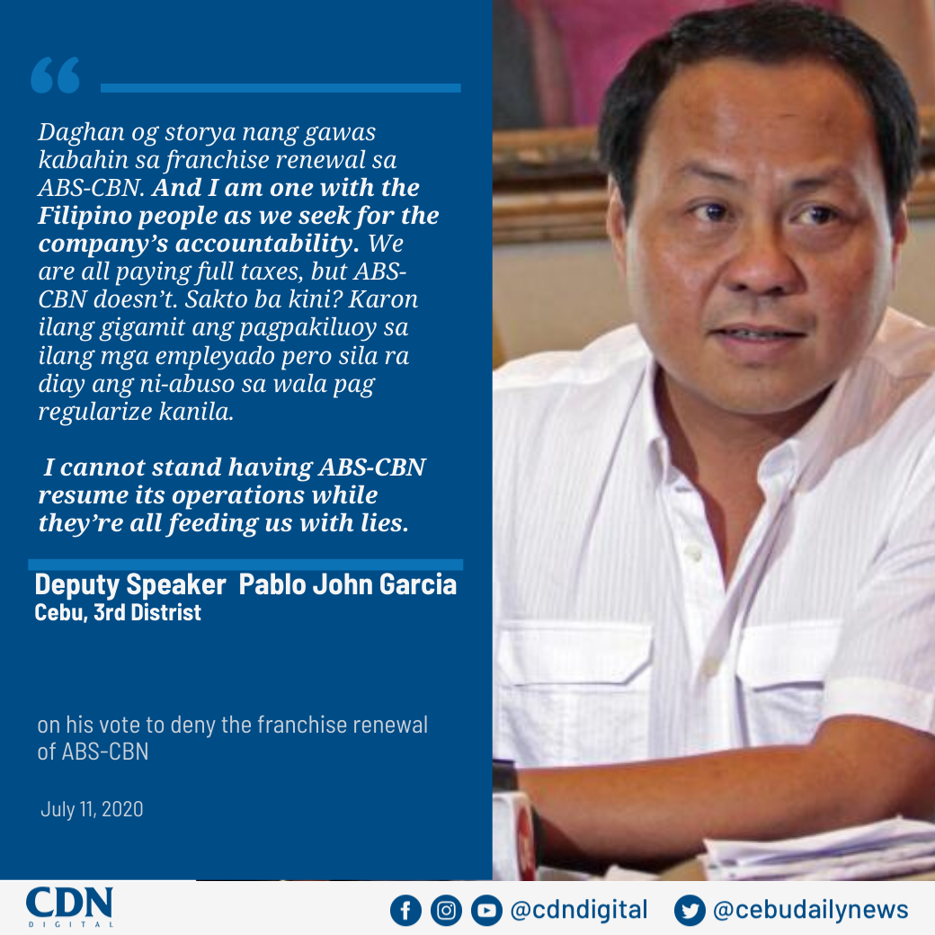 cebudailynews's tweet photo. READ: Cebu 3rd District Representative and Deputy Speaker Pablo John Garcia explains his vote on the denial of ABS-CBN's franchise renewal application. Garcia is one of the 70 legislators who voted against the franchise. #CDNDigital https://t.co/ryAWDJZHjw
