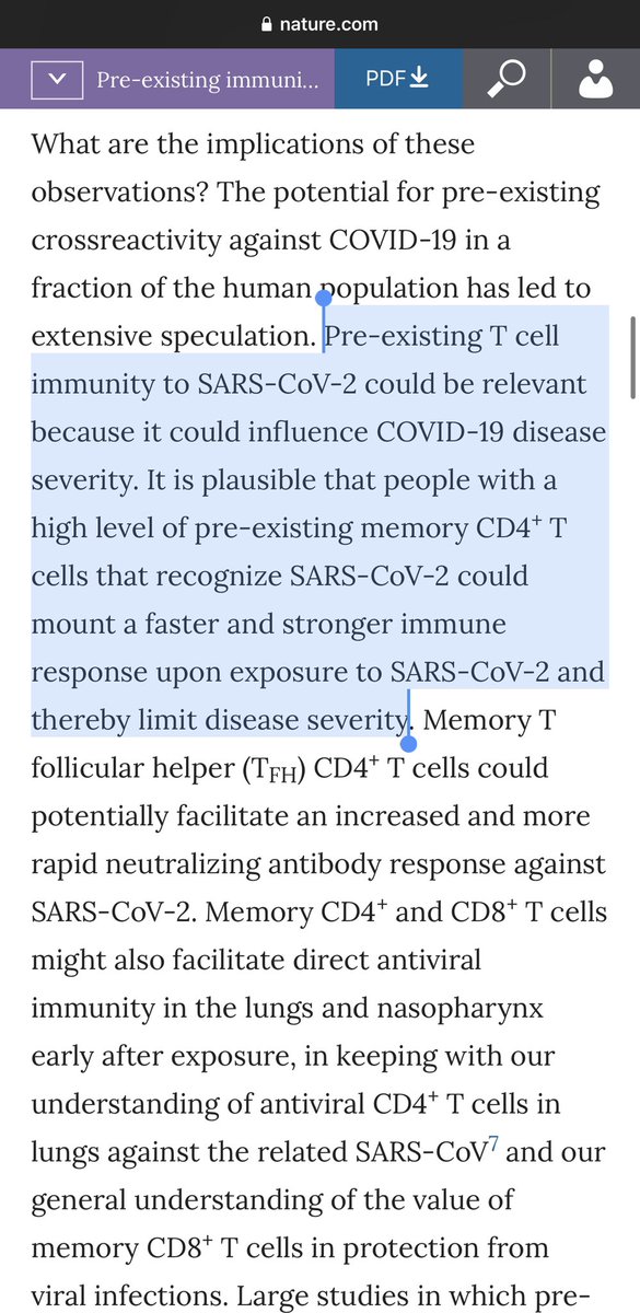 3) good excerpt: “It is plausible that people with a high level of pre-existing memory CD4+ T cells that recognize SARS-CoV-2 could mount a faster and stronger immune response upon exposure to SARS-CoV-2 and thereby limit disease severity”