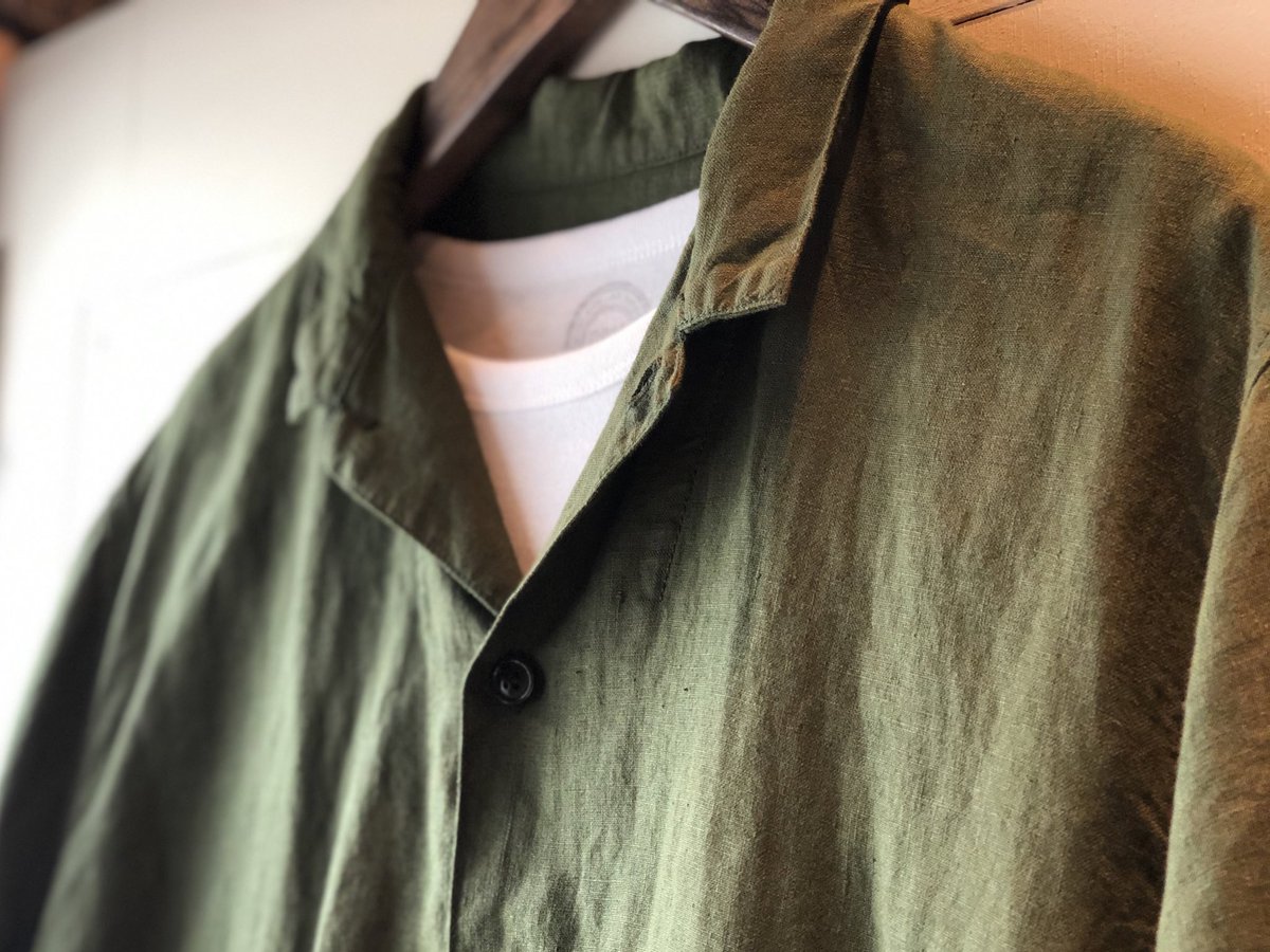 new arrival】 リネン半袖カバーシャツ (ダークグリーン) 40番手という